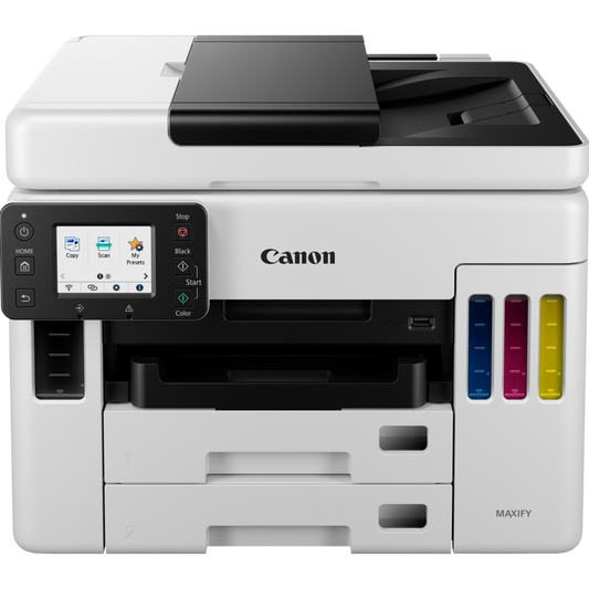 Canon Gx7040 Megatank Maxify Business Range 4 In 1 A4 Mfp Print Copy Scan And Fax With 50 Sheet Dadf. 24ipm Mono 15.5ipm Colour 600 X 1200 Print Resolution 1200 X 1200 Dpi Scan Resolution 2 X 250 Sheet Paper Handling Front Cassette 100 Sheet Rear Feed. Ma