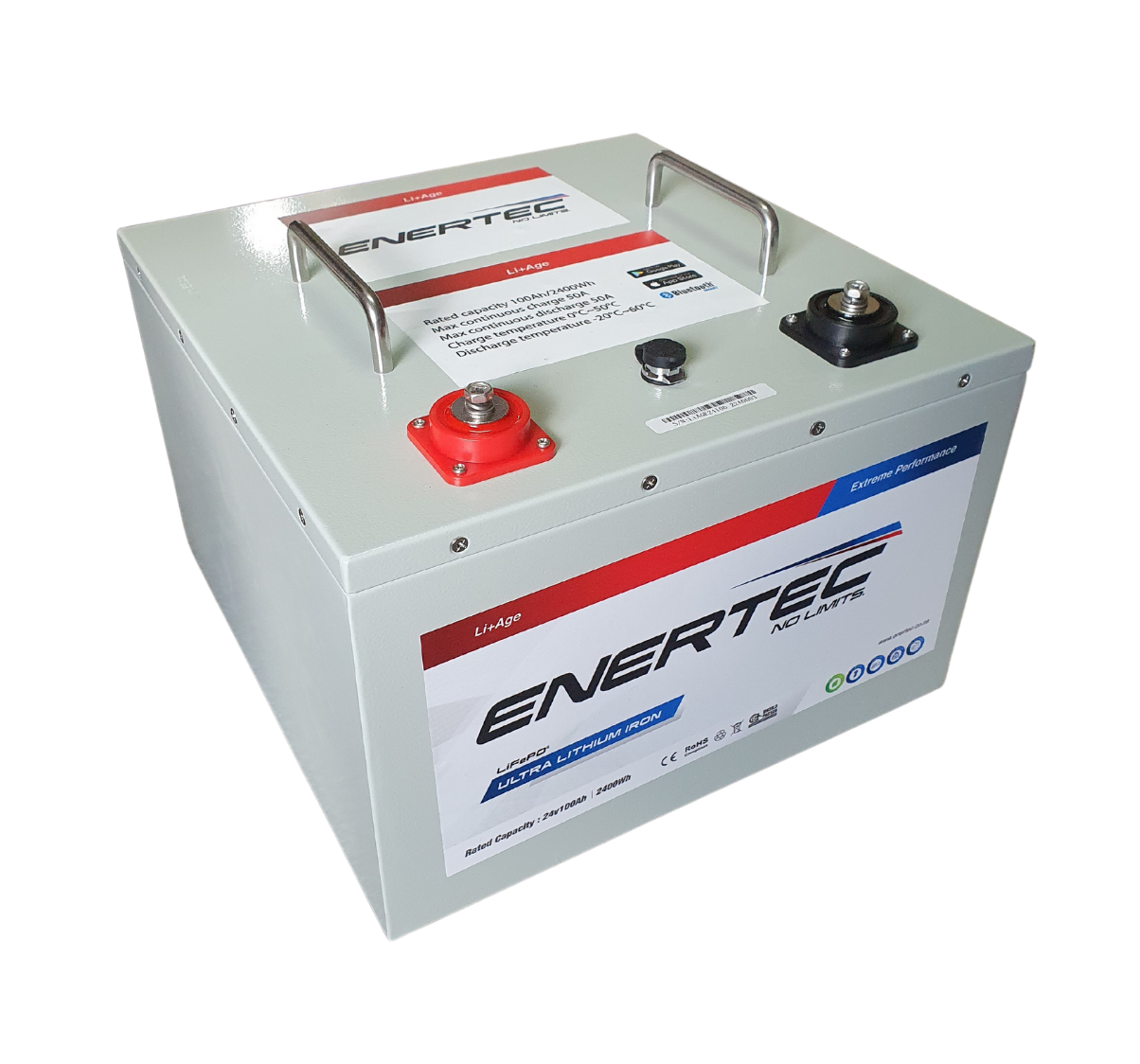 Enertec 100ah 24v 2160w Enertec Battery. Life Cycle 2750 Times @ 90% Dod. Warranty 4 Years