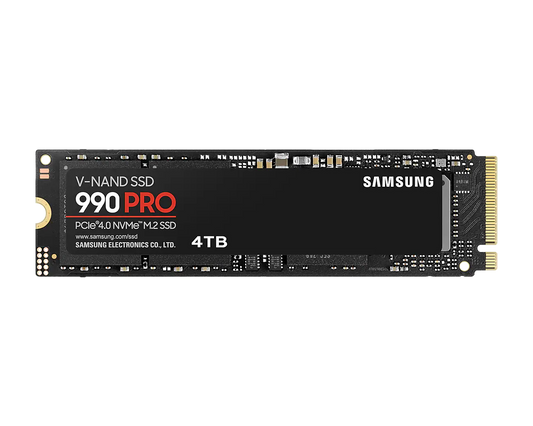 Samsung 990 Pro 4 Tb Nvme Ssd - Read Speed Up To 7450 Mb/s Write Speed To Up 6900 Mb/s Random Read Up To 1400000 Iops Random Write Up To 1550000 Iops Pcie 4.0 X4 Nvme 2.0 V-nand 3bit Mlc In-house Controller 2gb Low Power Ddr4 2400tbw 5 Year Carry-in Warra